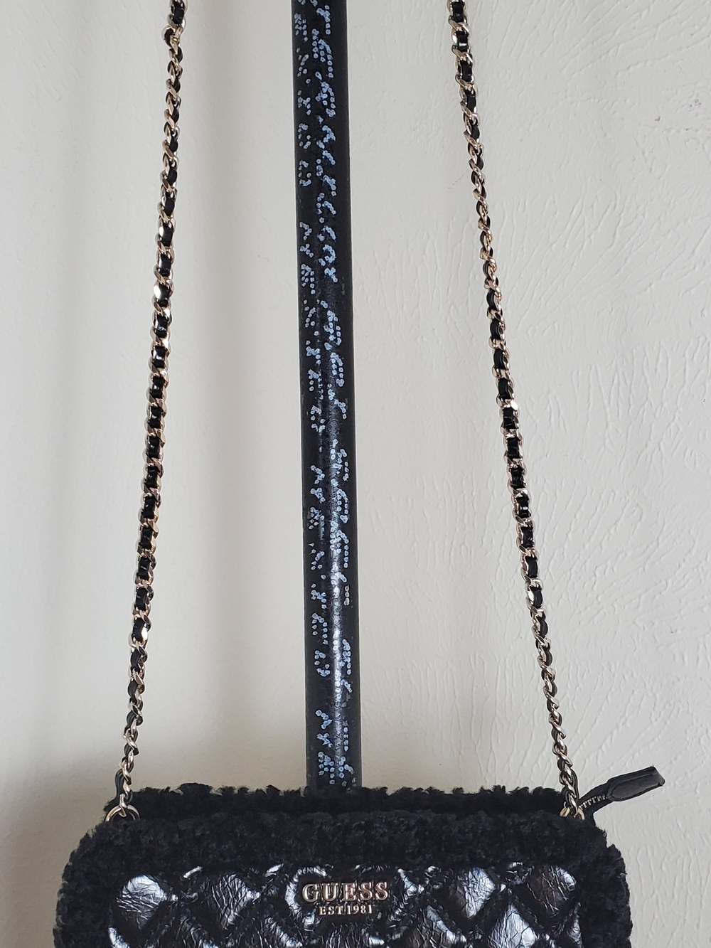 NWT Guess Black Quilted Faux-Shearling Crossbody with Gold Chain